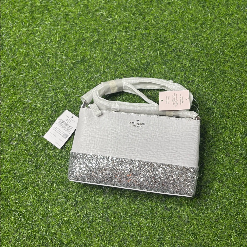 Kate Spade White and Silver Crossbody Bag with Glitter Finish